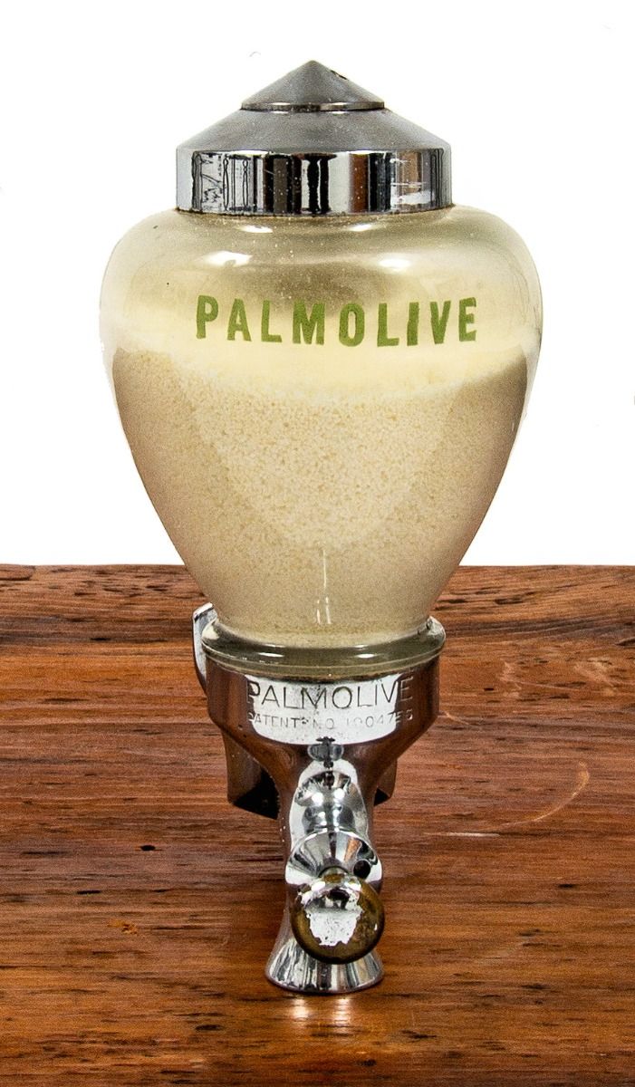 original and fully functional american depression-era salvaged art deco palmolive glass soap dispenser
