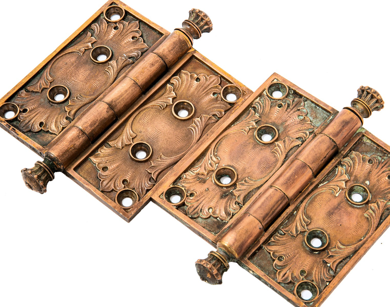 matching set of original heavy cast bronze columbus building interior building office door hinges with crown finials