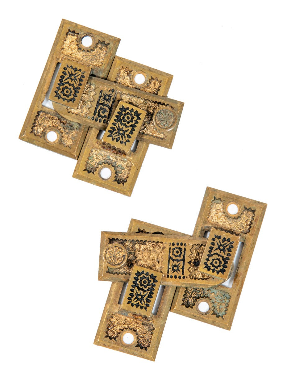 hard to find original 1880s ornamental cast brass "ivy" pattern interior residential shutter latches with matching keepers