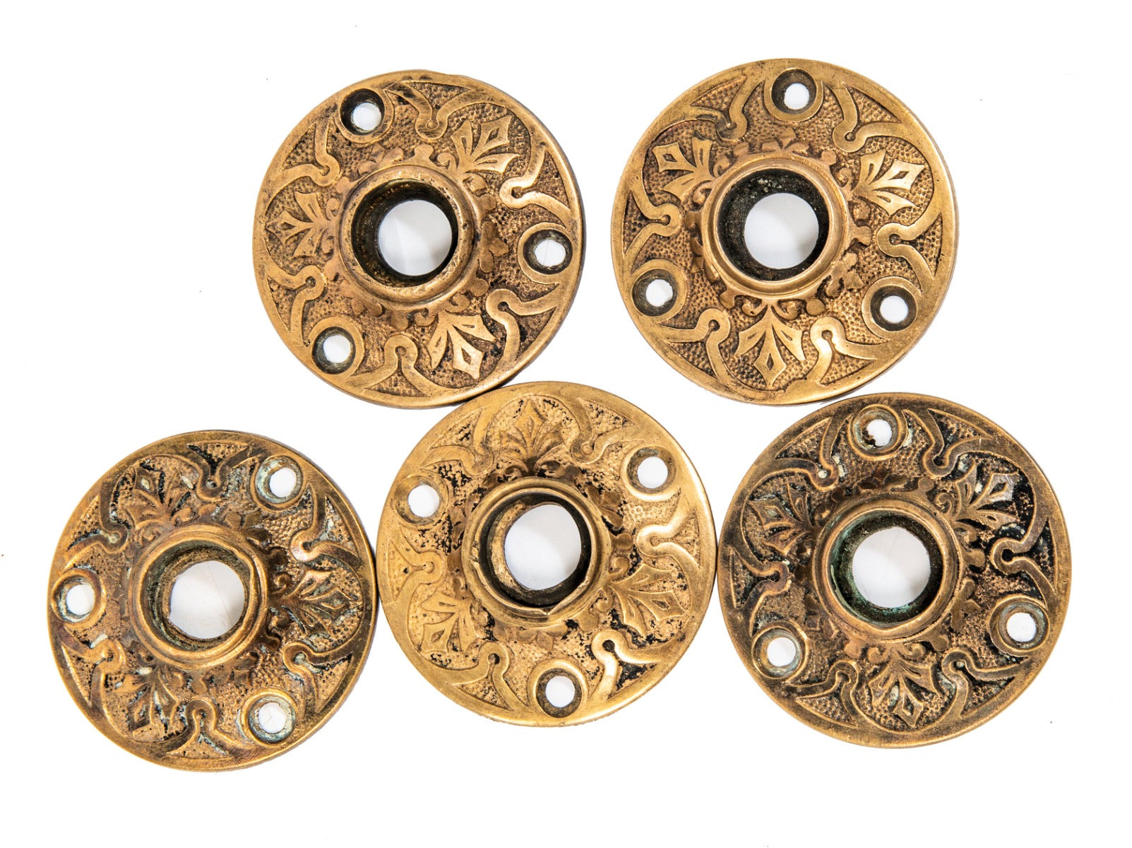 group of antique american salvaged chicago 1880s ornamental cast brass doorknob rosettes