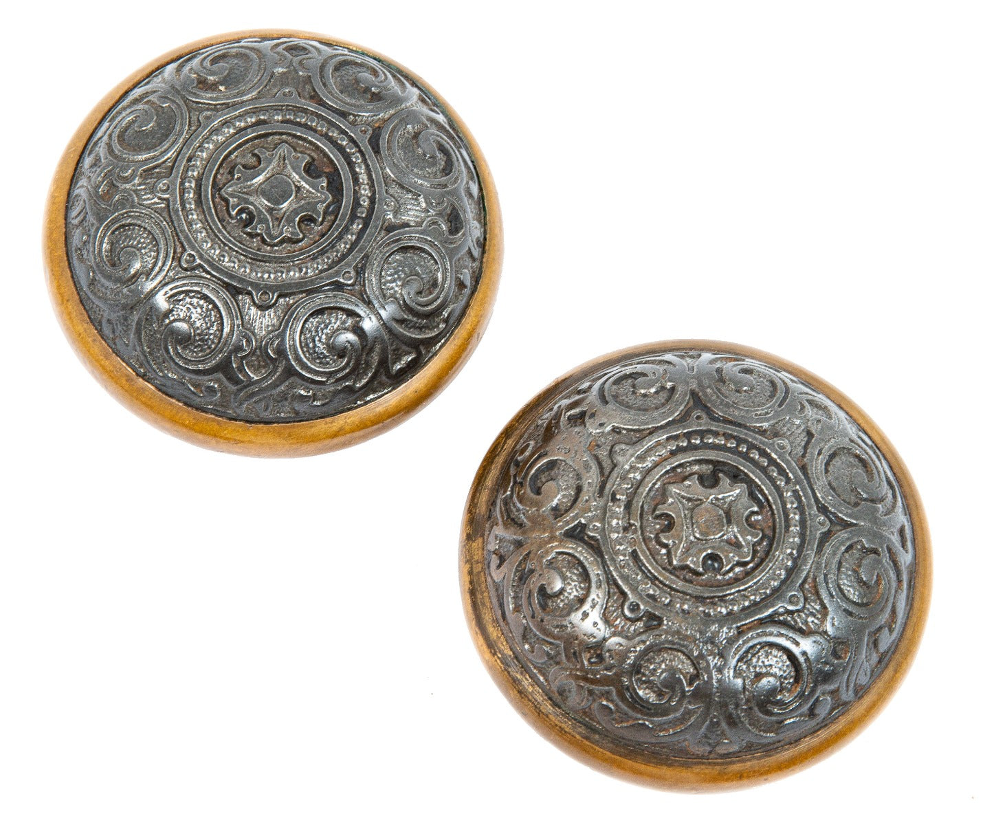 matching set of refinished ornamental cast iron russell & erwin salvaged chicago doorknobs with brass banded rims