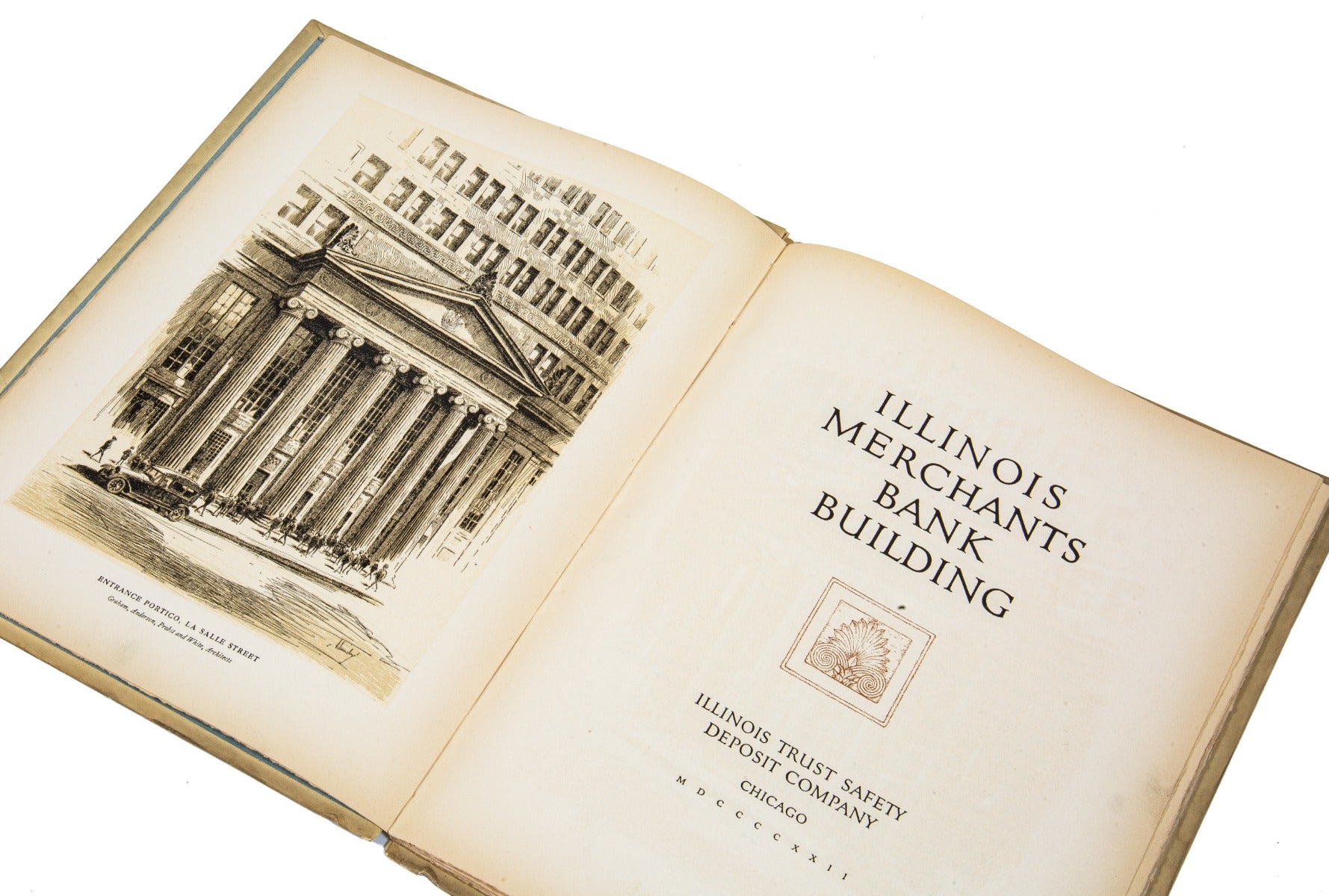hard to find original and intact 1922 hardbound illinois merchants bank building rental brochure and/or dedication book
