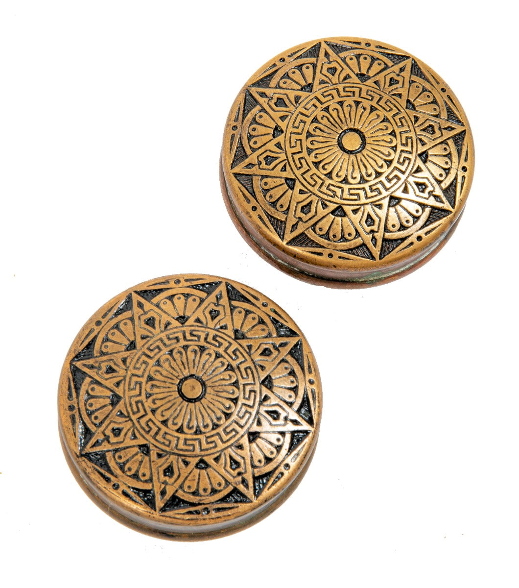 two matching early 1880s exceptional cast brass drum-shaped nicely aged salvaged chicago mallory & wheeler doorknobs