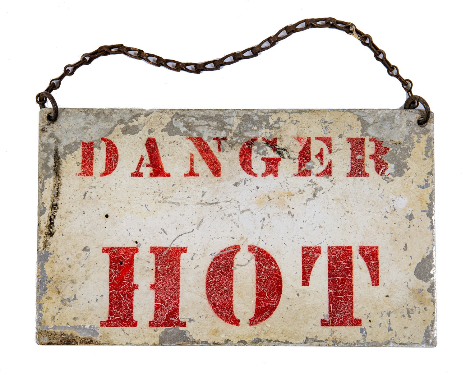 nicely worn c. 1930's american vintage industrial painted galvanized sheet steel cook county hospital power plant "hot" steam pipe danger sign