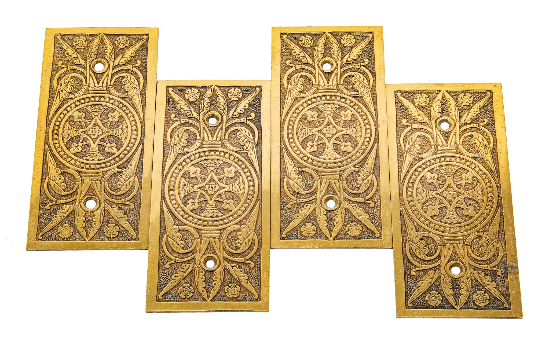 four matching nicely aged 1870s interior residential compression cast r & e hinge cover plates