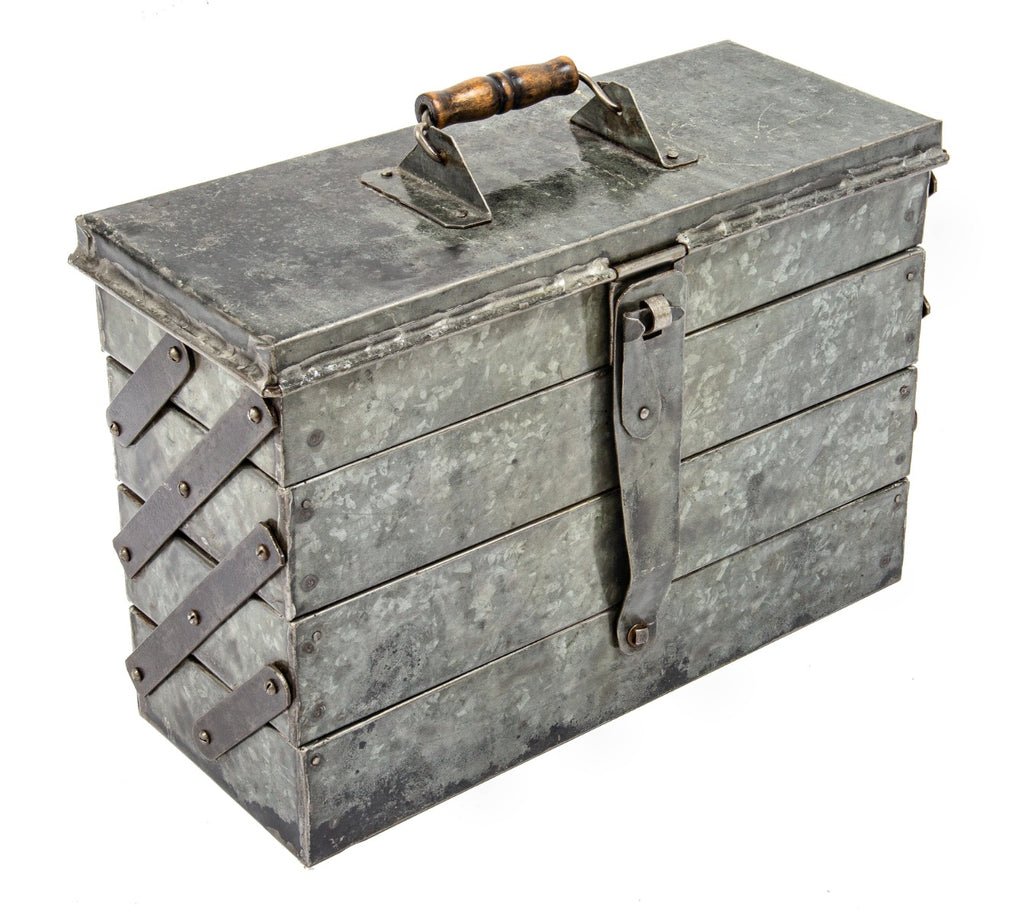 american depression era one of a kind c. 1939 folded and pressed industrial galvanized steel four tray cantilever toolbox complete with lockable hasp and hinges