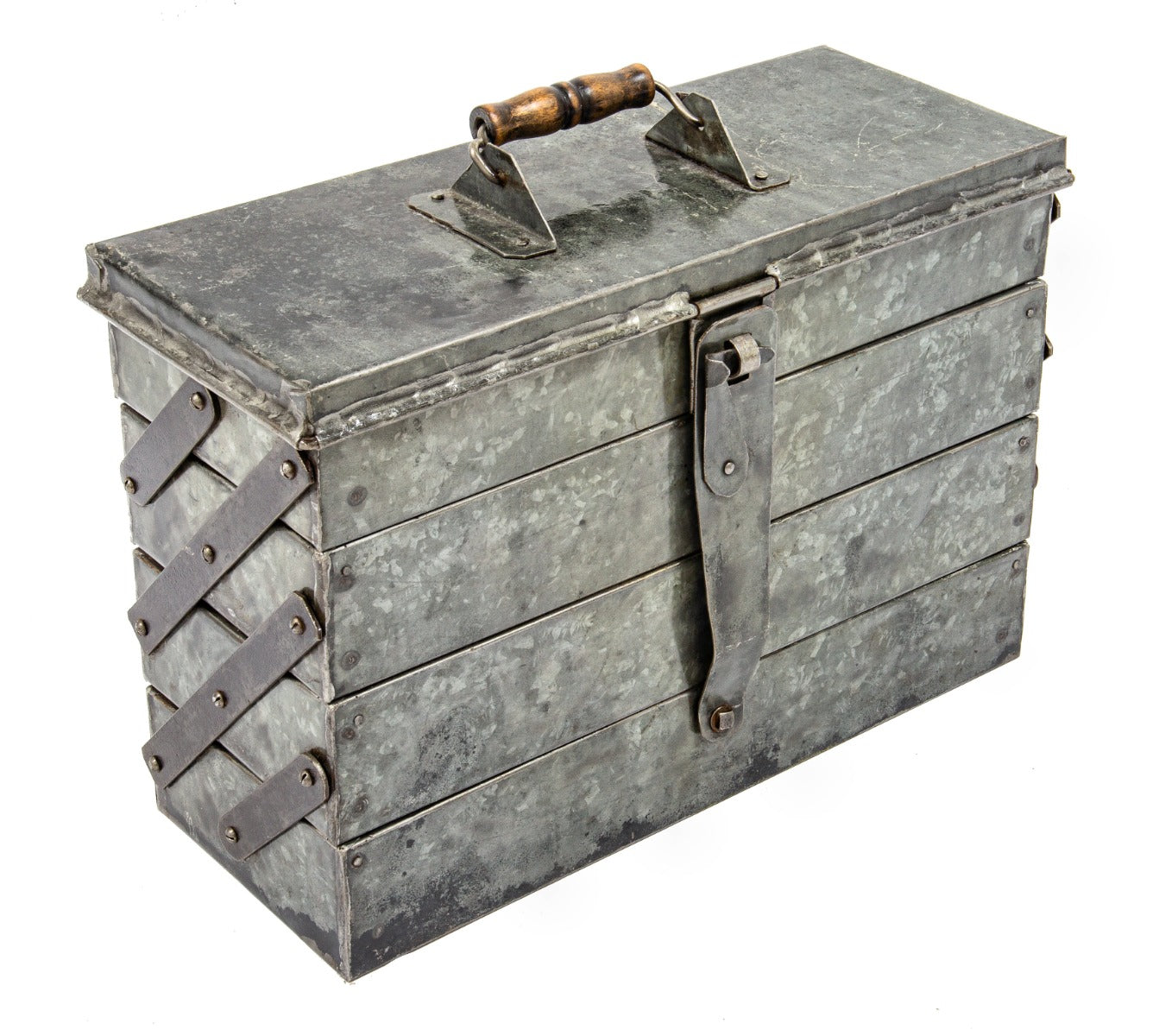 american depression era one of a kind c. 1939 folded and pressed industrial galvanized steel four tray cantilever toolbox complete with lockable hasp and hinges