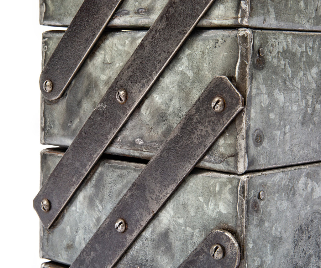 american depression era one of a kind c. 1939 folded and pressed industrial galvanized steel four tray cantilever toolbox complete with lockable hasp and hinges