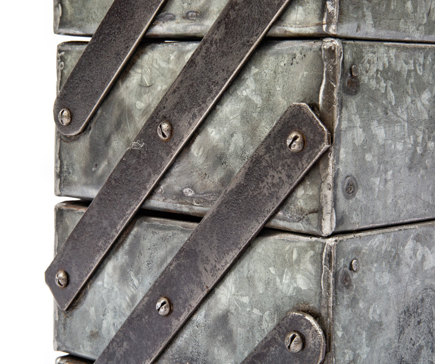 american depression era one of a kind c. 1939 folded and pressed industrial galvanized steel four tray cantilever toolbox complete with lockable hasp and hinges