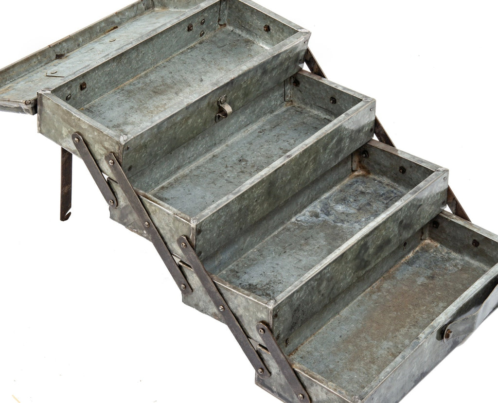 american depression era one of a kind c. 1939 folded and pressed industrial galvanized steel four tray cantilever toolbox complete with lockable hasp and hinges