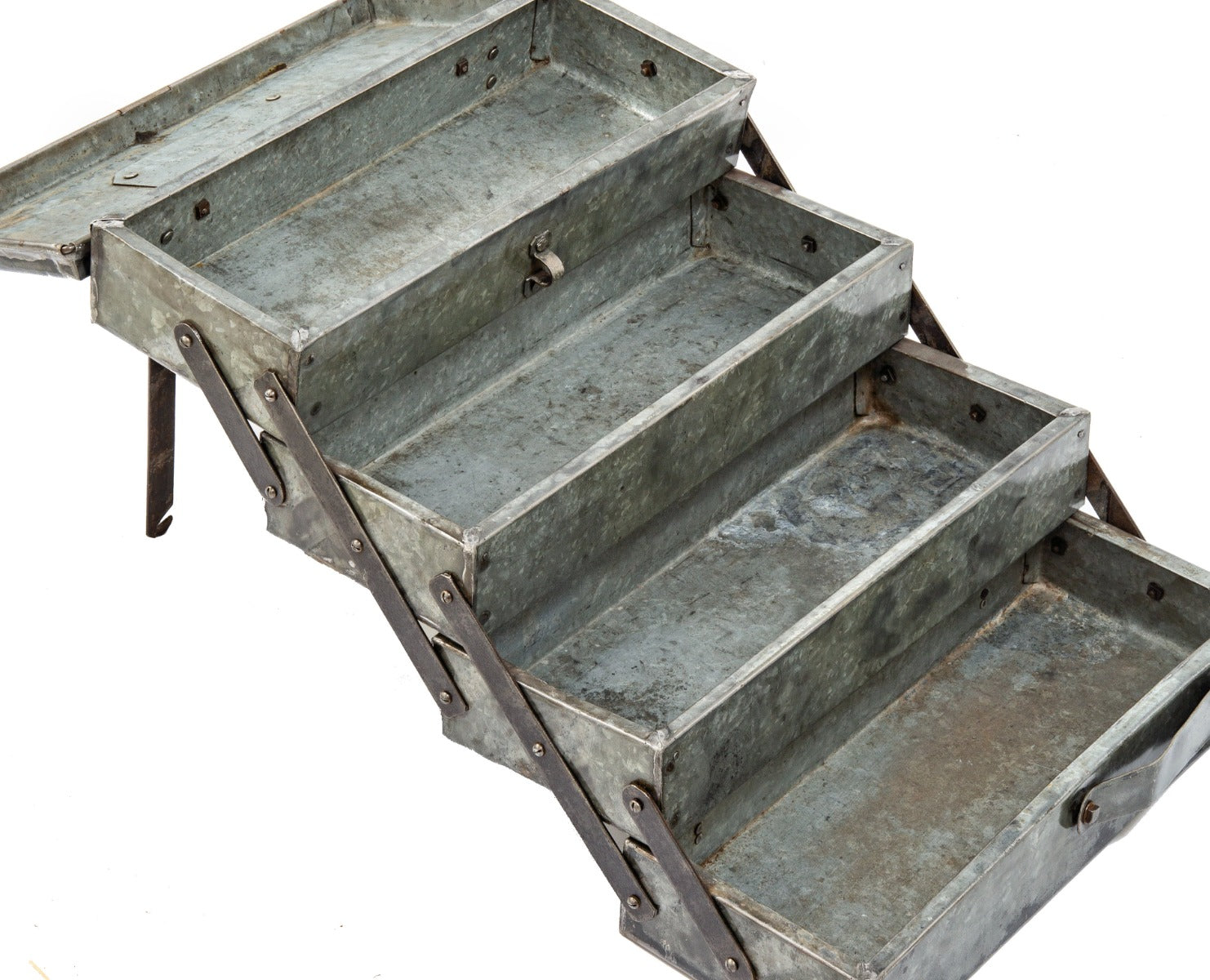 american depression era one of a kind c. 1939 folded and pressed industrial galvanized steel four tray cantilever toolbox complete with lockable hasp and hinges
