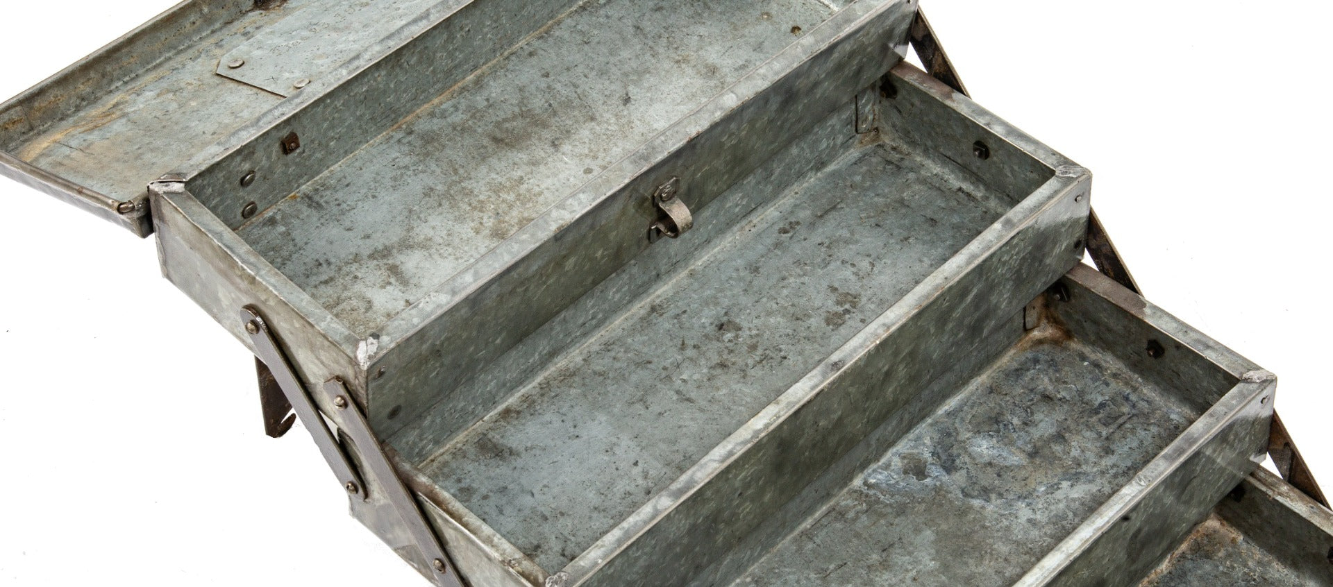 american depression era one of a kind c. 1939 folded and pressed industrial galvanized steel four tray cantilever toolbox complete with lockable hasp and hinges