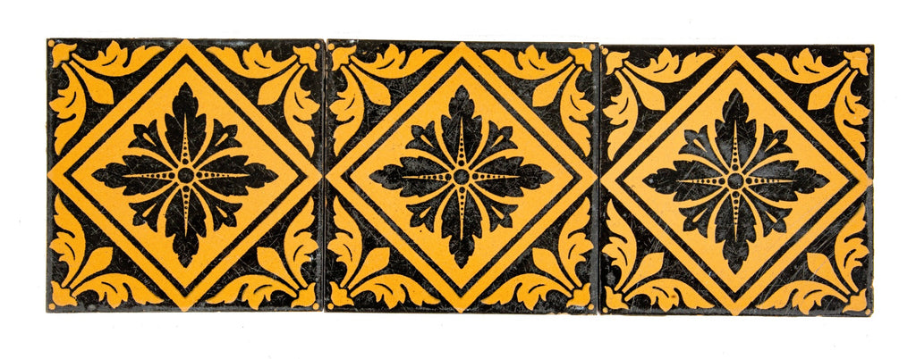 three matching exterior salvaged chicago 1870s black and white minton 6 x 6 inch decorative tiles