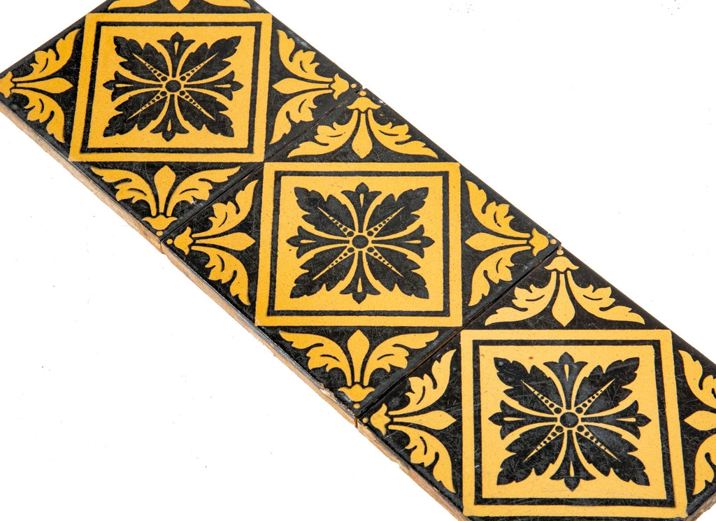 three matching exterior salvaged chicago 1870s black and white minton 6 x 6 inch decorative tiles