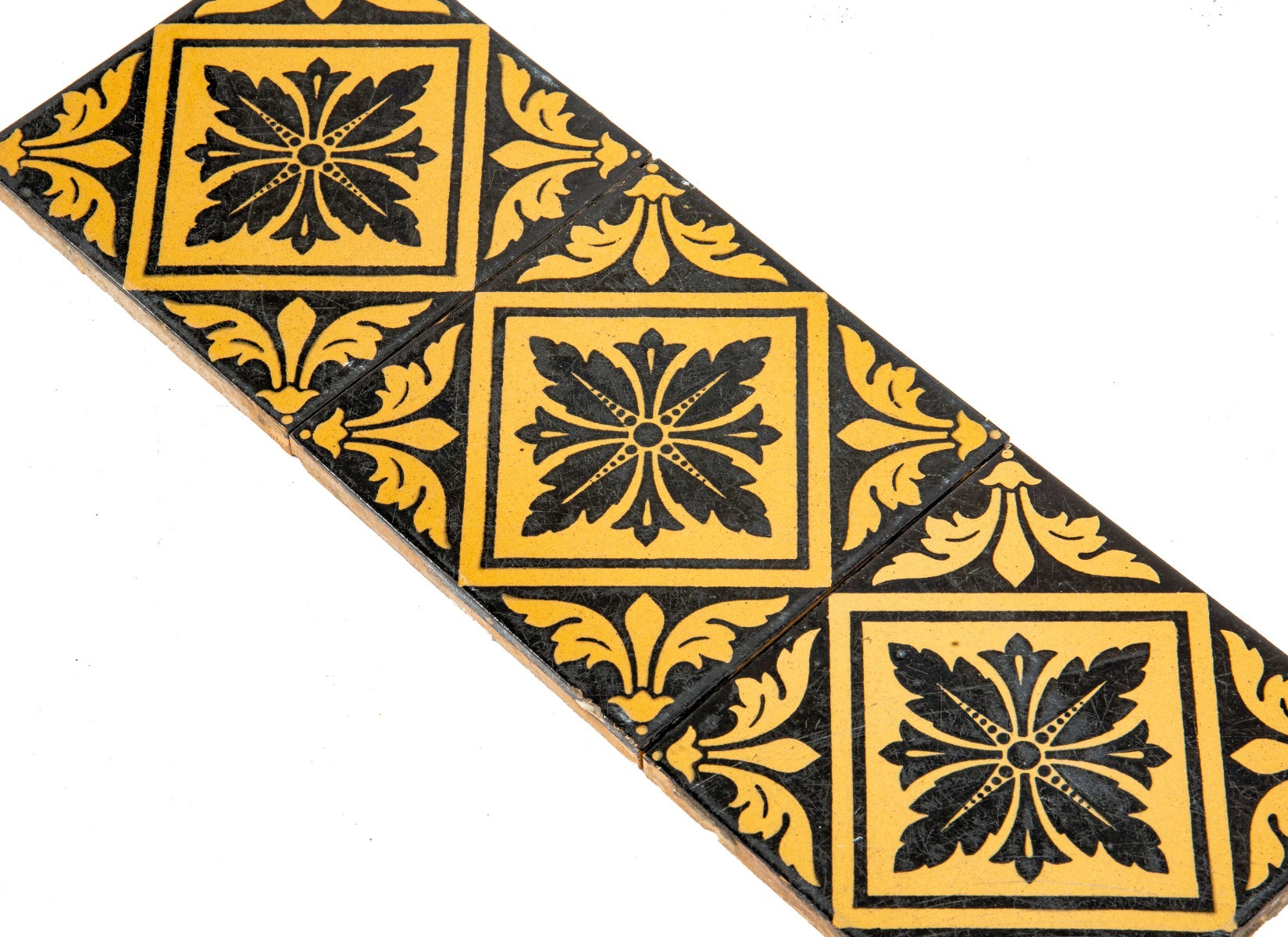 three matching exterior salvaged chicago 1870s black and white minton 6 x 6 inch decorative tiles