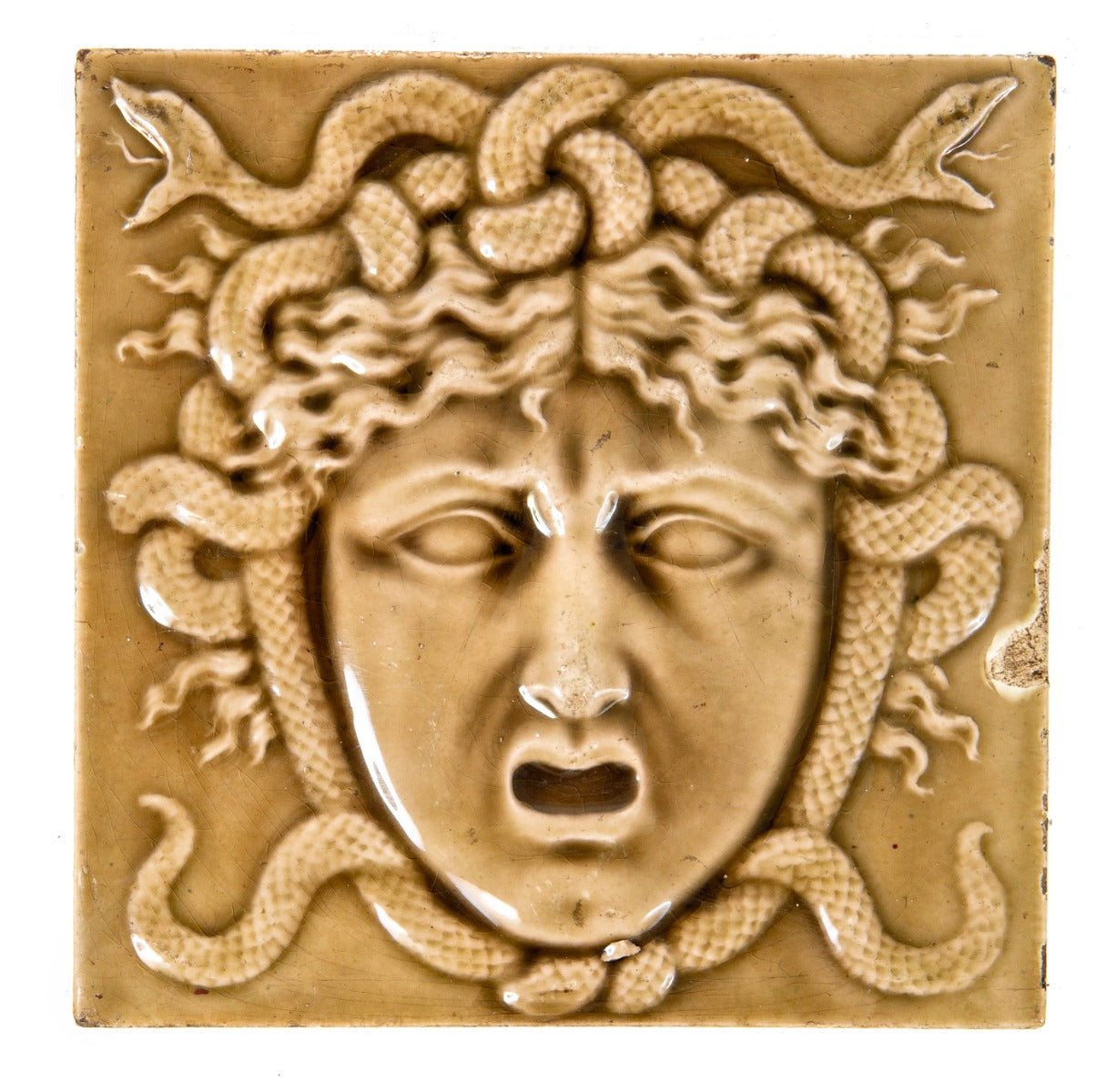 rare late 19th original salvaged chicago figural medusa head 6 x 6 inch fireplace tile with allover crazed finish