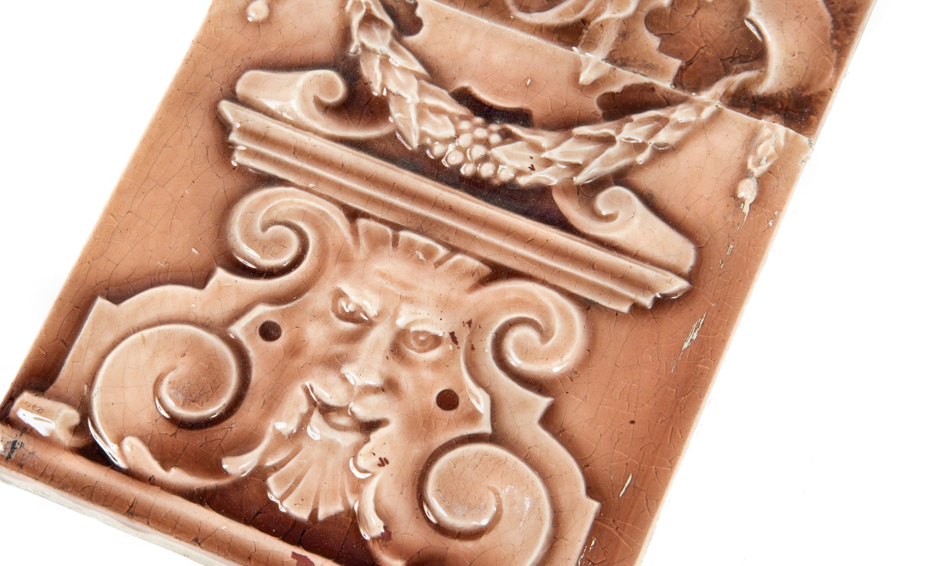 unique three-piece late 19th century antique american majolica tile fireplace set with full-figured cherub