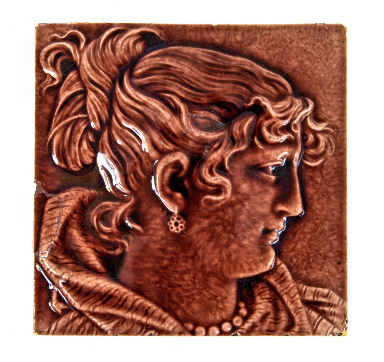 original burgundy-colored majolica glazed figural trent tile salvaged from a chicago residence built in the 1890s