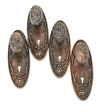 large lot of matching refinished ornamental cast iron interior residential salvaged chicago "arcadia" pattern doorknob and backplates