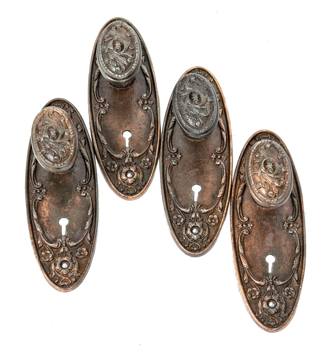 large lot of matching refinished ornamental cast iron interior residential salvaged chicago "arcadia" pattern doorknob and backplates