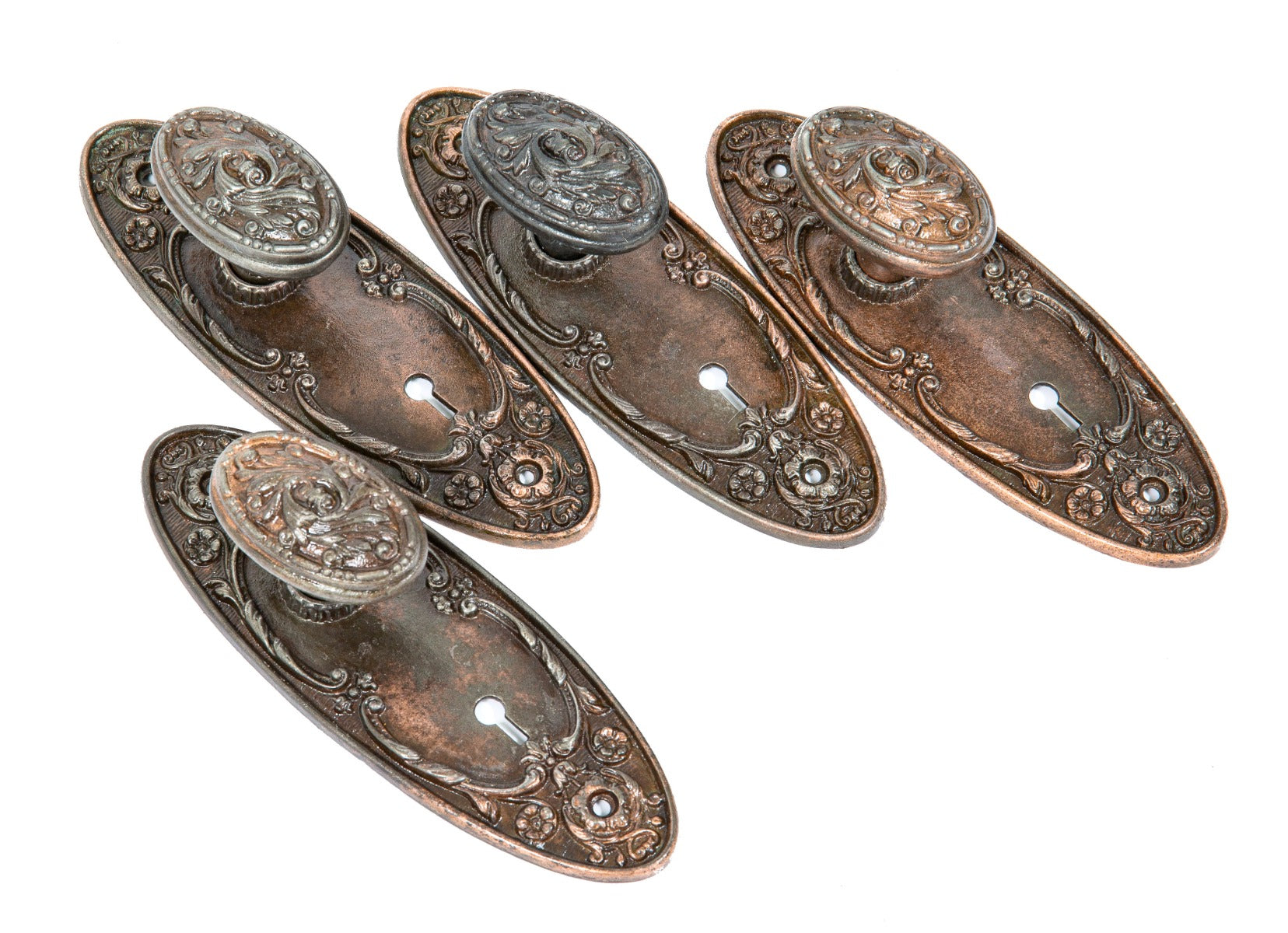 large lot of matching refinished ornamental cast iron interior residential salvaged chicago "arcadia" pattern doorknob and backplates