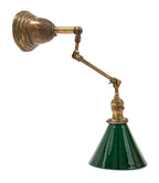 highly sought after fully adjustable early 20th century nicely aged faries brass wall sconce with emeralite shade
