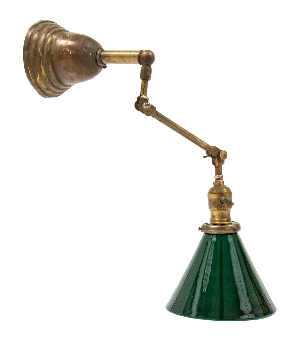 highly sought after fully adjustable early 20th century nicely aged faries brass wall sconce with emeralite shade