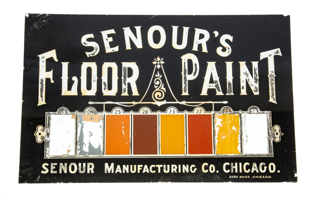 rare all original reverse-painted 19th century glass sign executed by zero marx for senour's floor paints