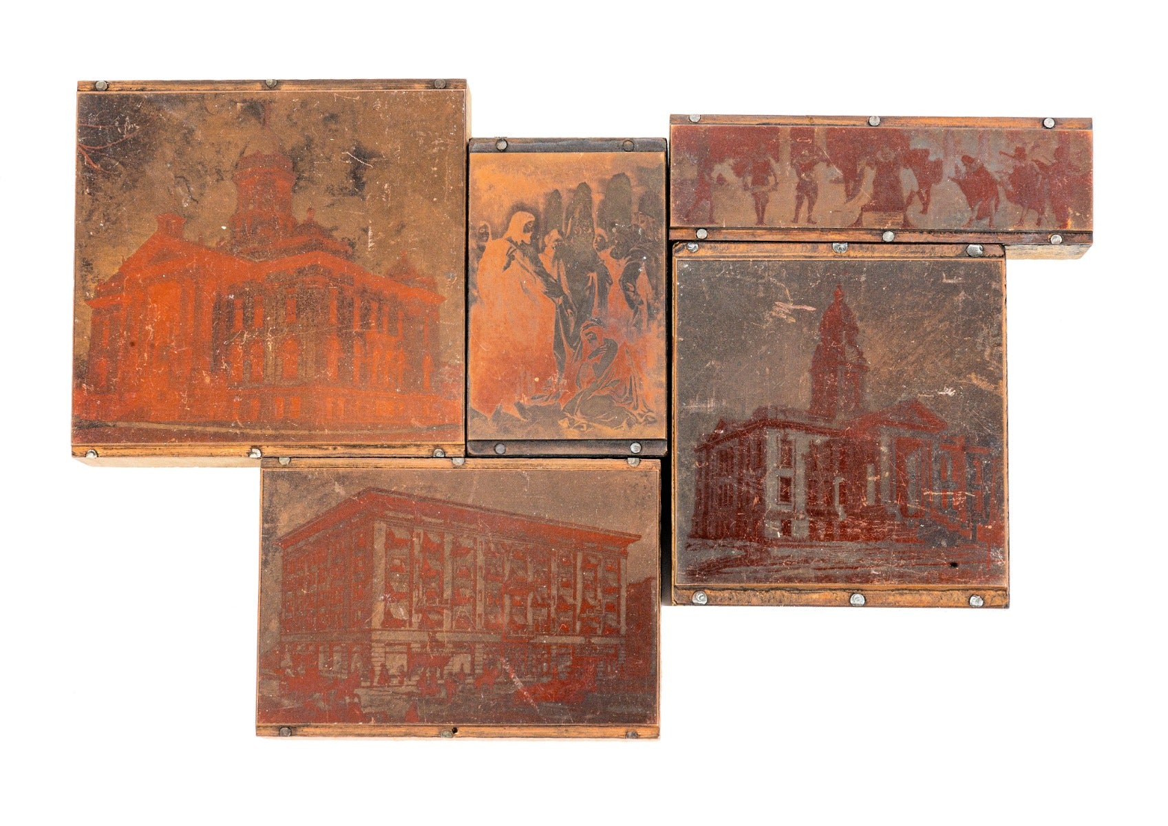 group of original early 20th century lightly etched copper plate and wood odin j. oyen press print blocks