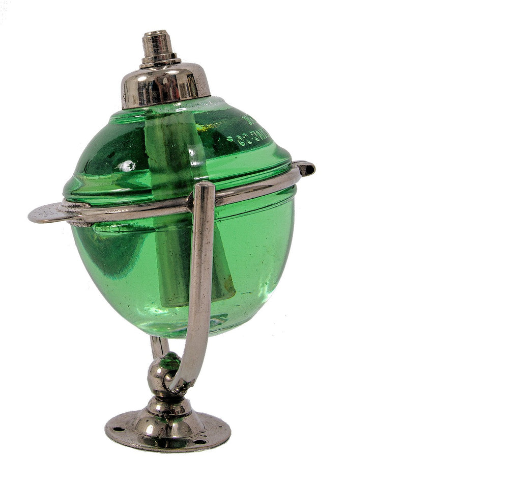 rare all original and fully functional early 20th century "new old stock" beau brummel glass orb salvaged soap dispenser