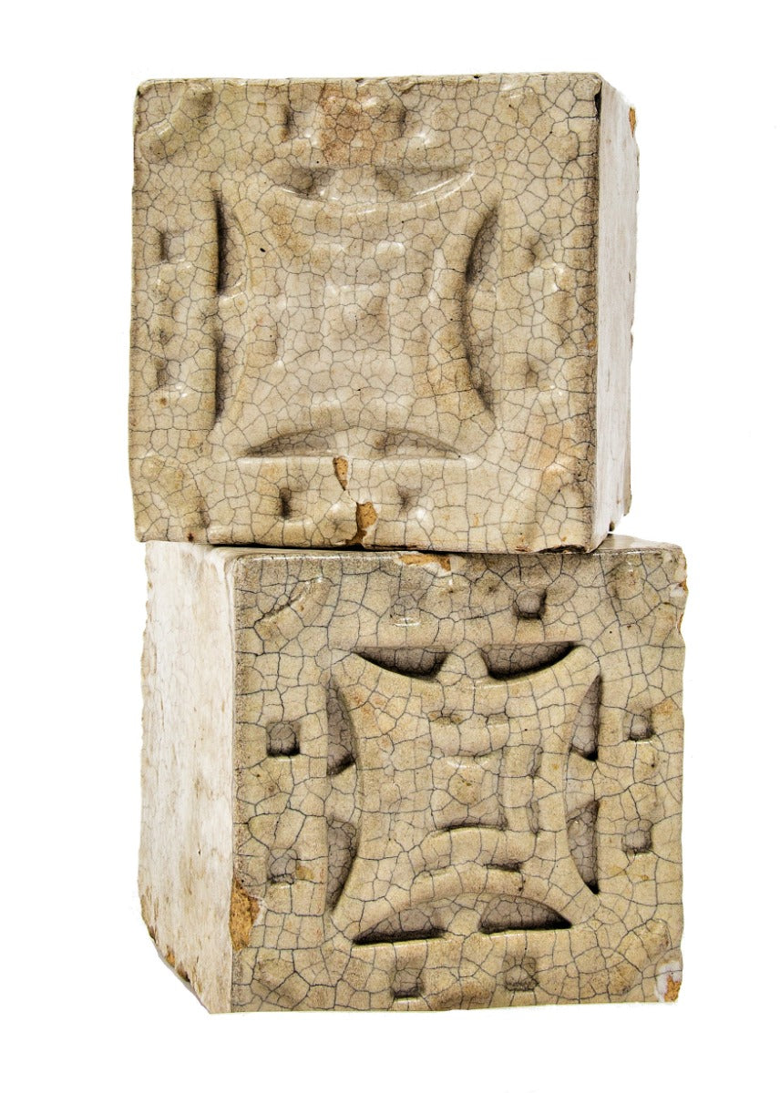 two matching original early 20th century diminutive white glazed "sullivanesque" style midland terra cotta building blocks