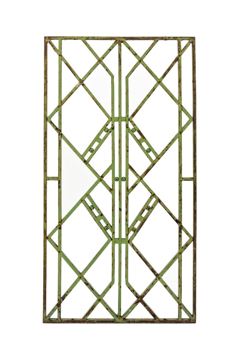 strongly geometric style original bruce goff-designed painted cast iron 1928 page storage warehouse exterior window grille