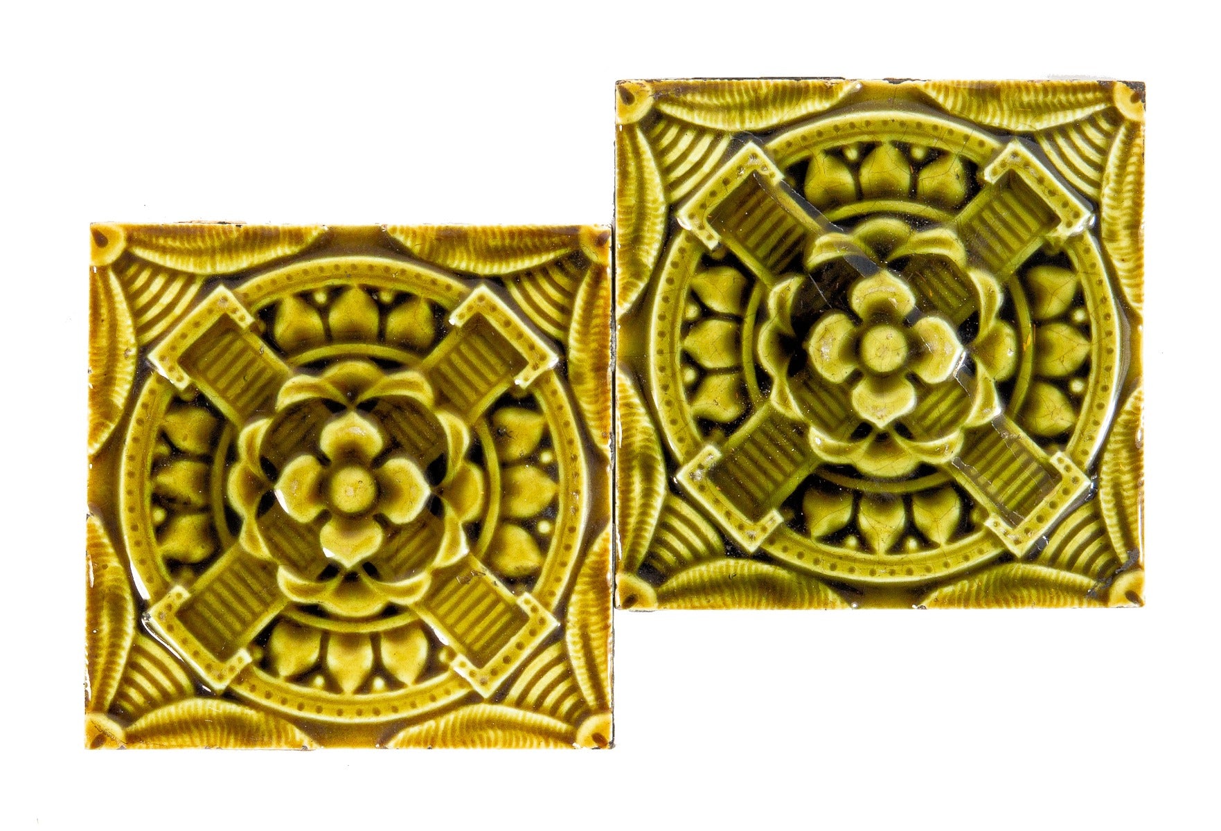 two matching 19th century mottled green salvaged chicago victorian-era 4 x 4 inches tiles executed by trent