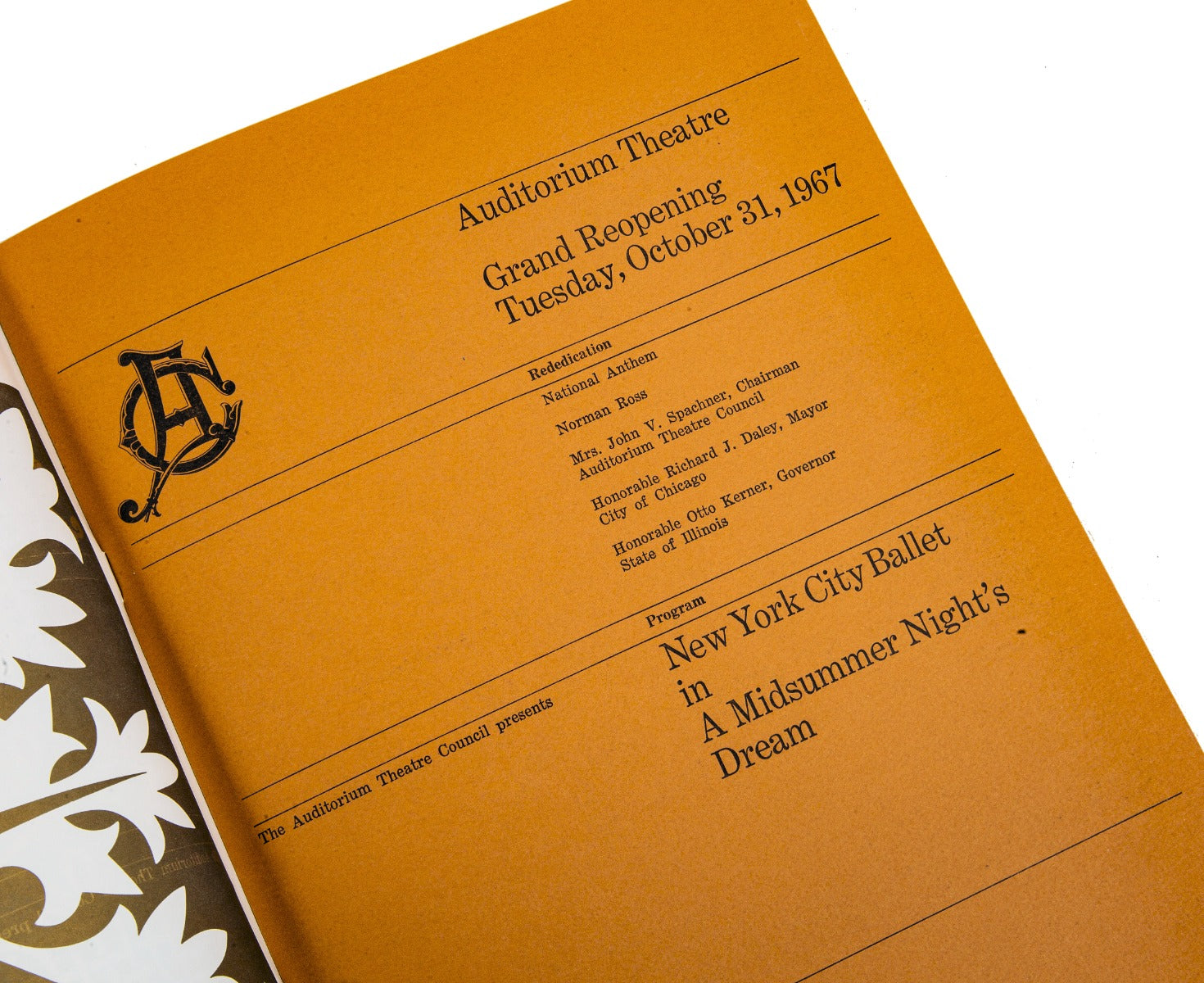 rare original staple-bound adler and sullivan auditorium building restoration dedication booklet