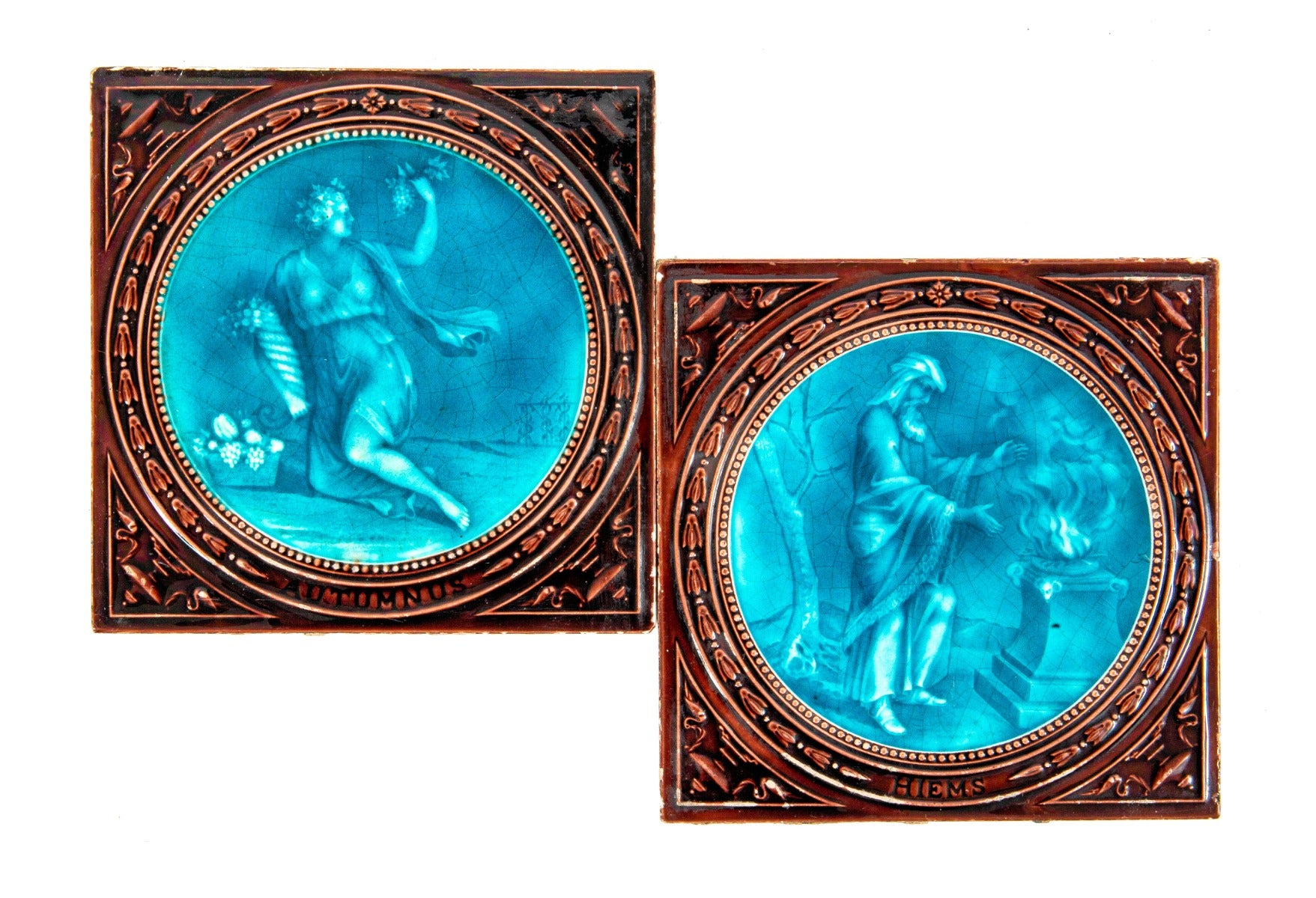 matching set of rare 1880s richly colored minton figural "autumn" and "winter" antique salvaged fireplace tiles