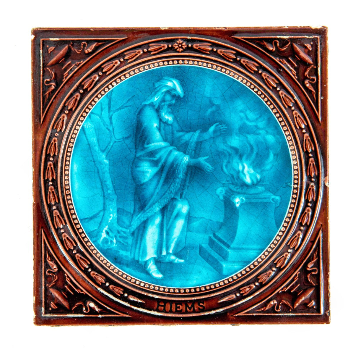 matching set of rare 1880s richly colored minton figural "autumn" and "winter" antique salvaged fireplace tiles