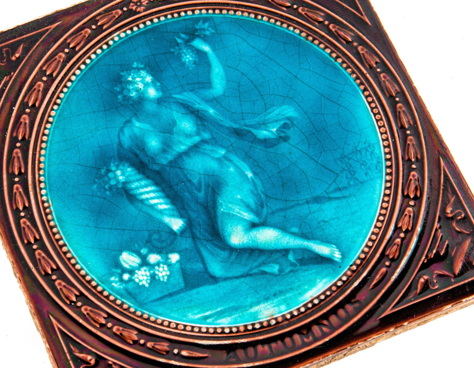 matching set of rare 1880s richly colored minton figural "autumn" and "winter" antique salvaged fireplace tiles