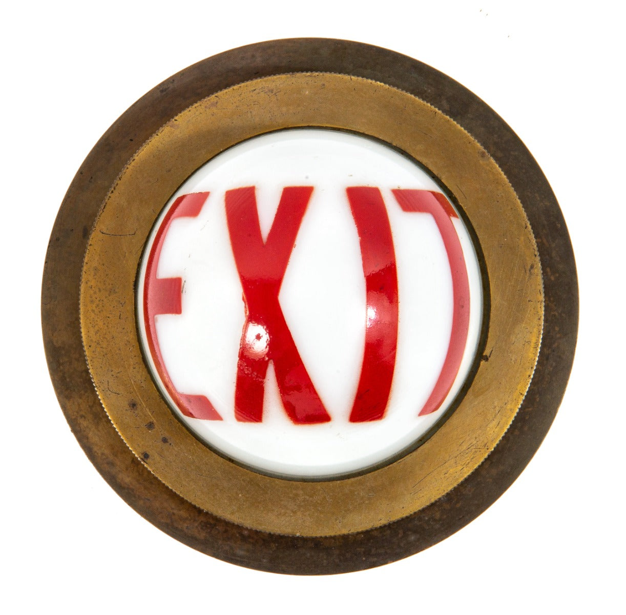 rare 1932 art deco style jaehnig lighting fixture company bronze exit light with intact bulbous milk glass globe