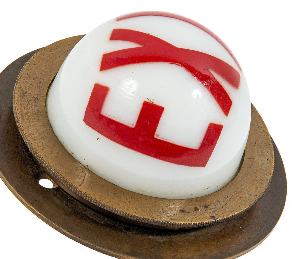 rare 1932 art deco style jaehnig lighting fixture company bronze exit light with intact bulbous milk glass globe