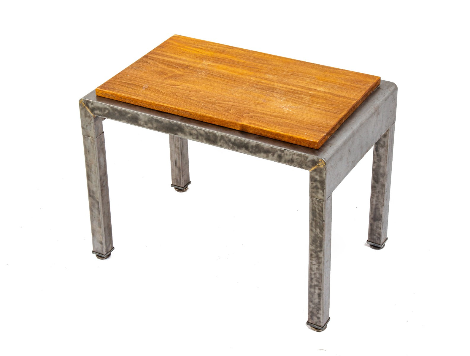 original repurposed c. 1930's american streamlined style simmons low-lying brushed steel vanity bench side table or nightstand with newly added ash wood top