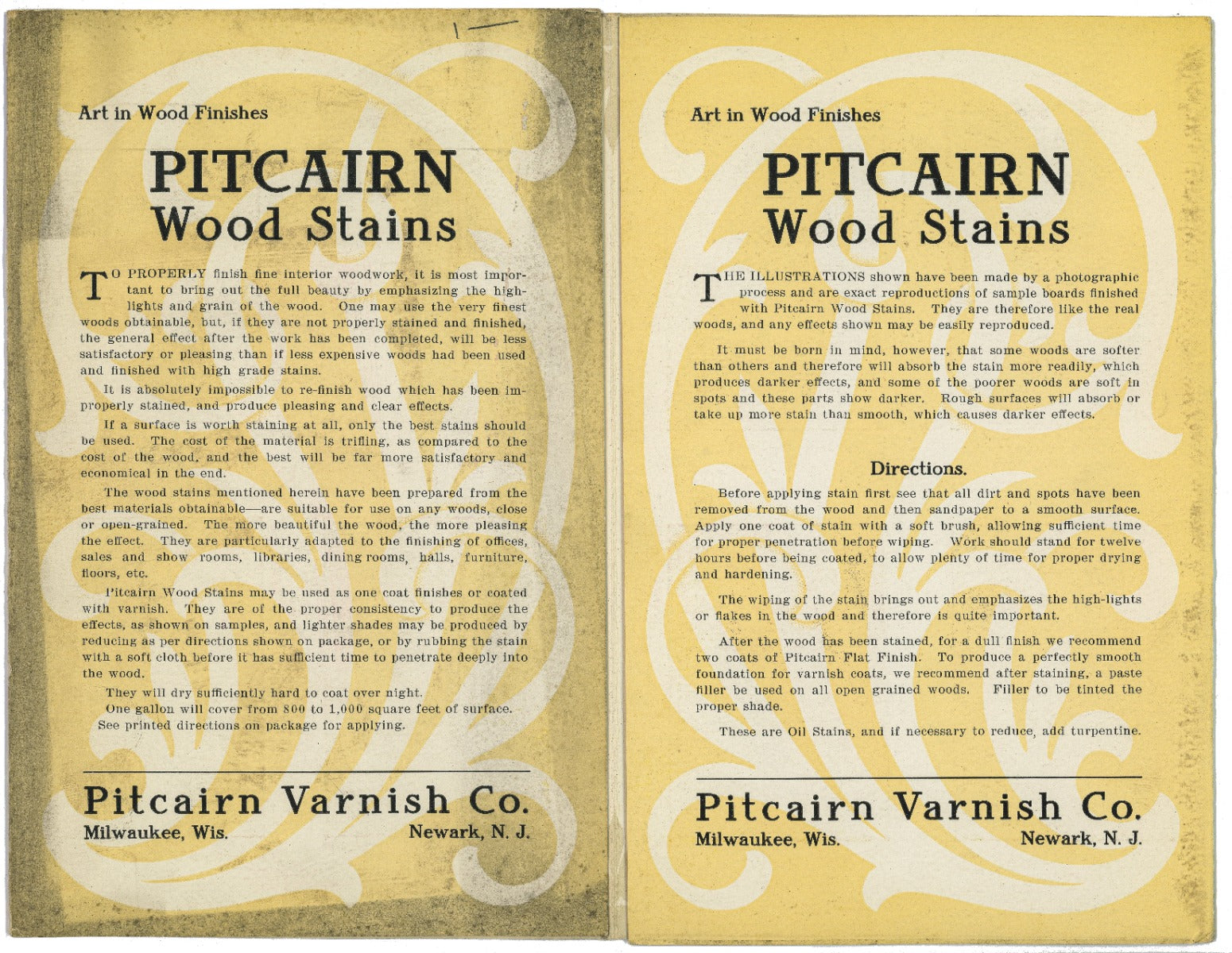 early 20th century pitcairn varnish company (milwaukee, wisc.) brochure with wood stain sample boards