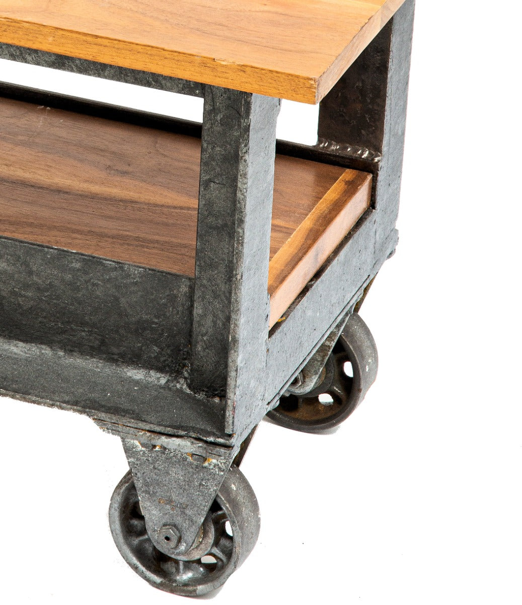 heavy duty and versatile american industrial all-welded low-lying mobile coffee table with newly added walnut top and undershelf