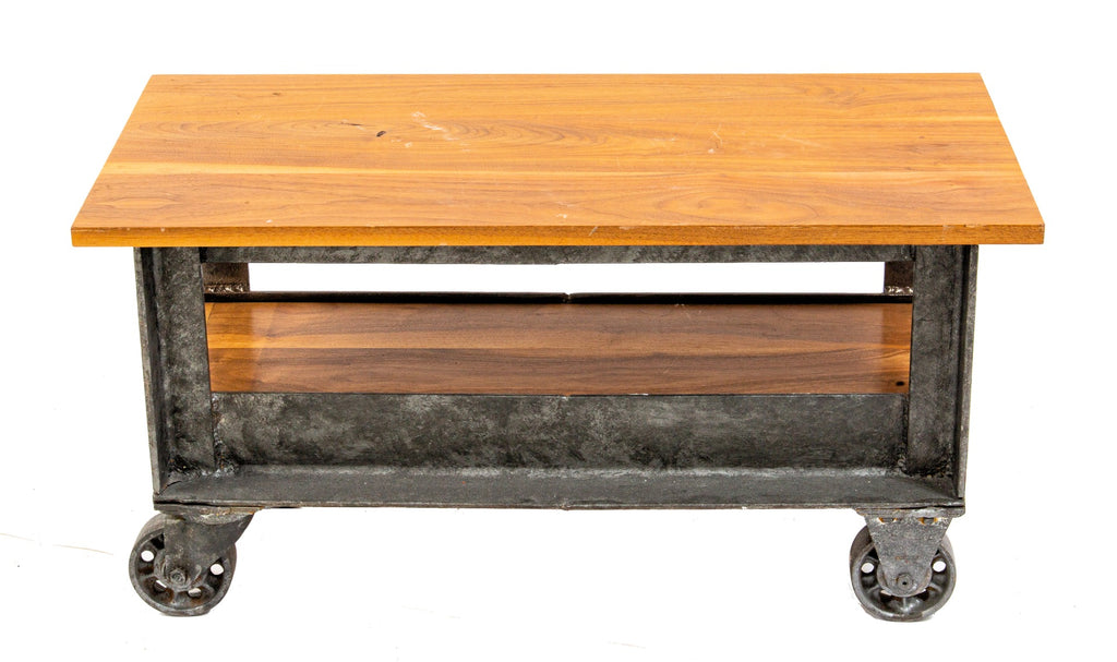 heavy duty and versatile american industrial all-welded low-lying mobile coffee table with newly added walnut top and undershelf