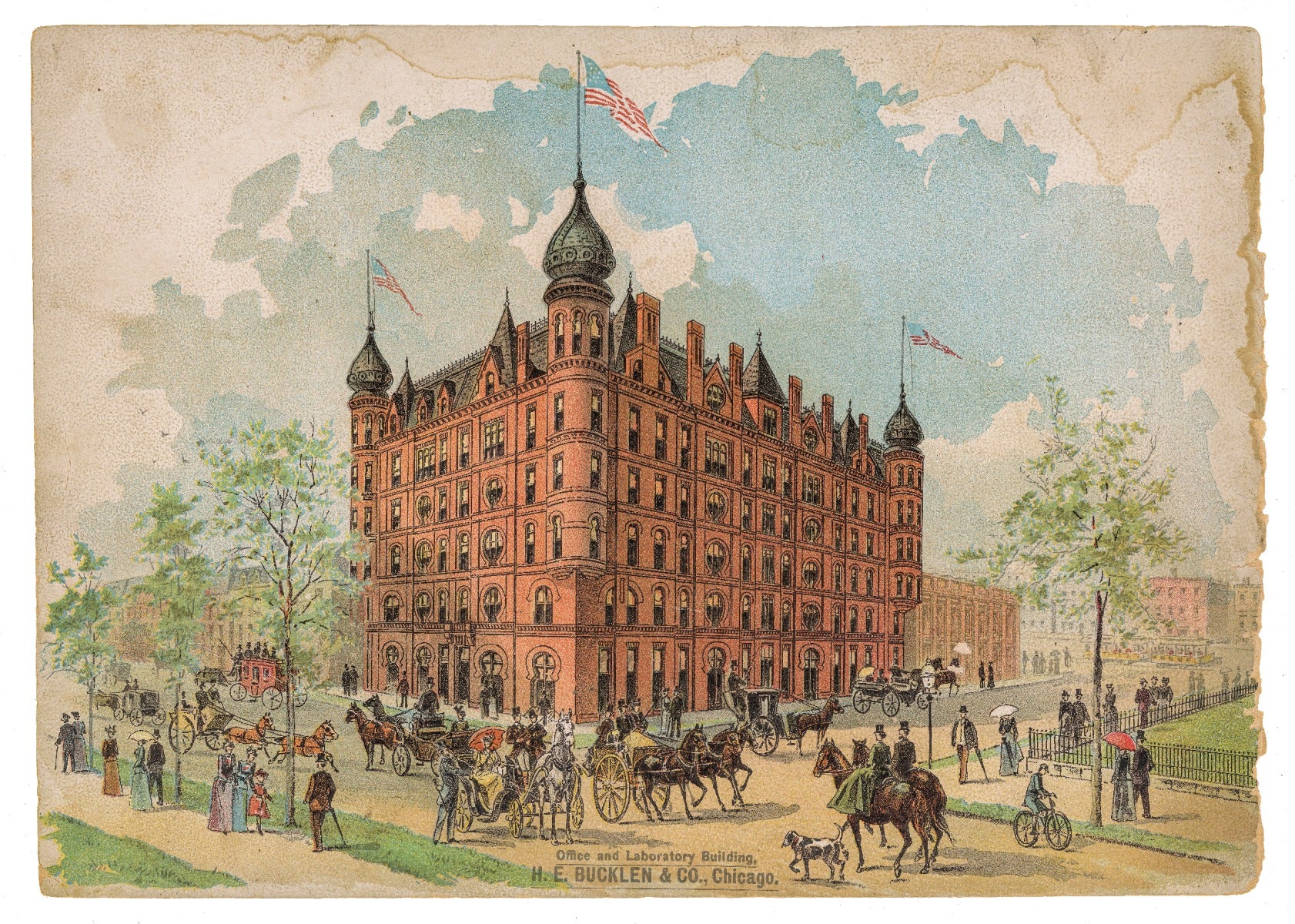 rare oversized hand-colored american victorian trade card for oscar cobb's 1886 h.e. bucklen building