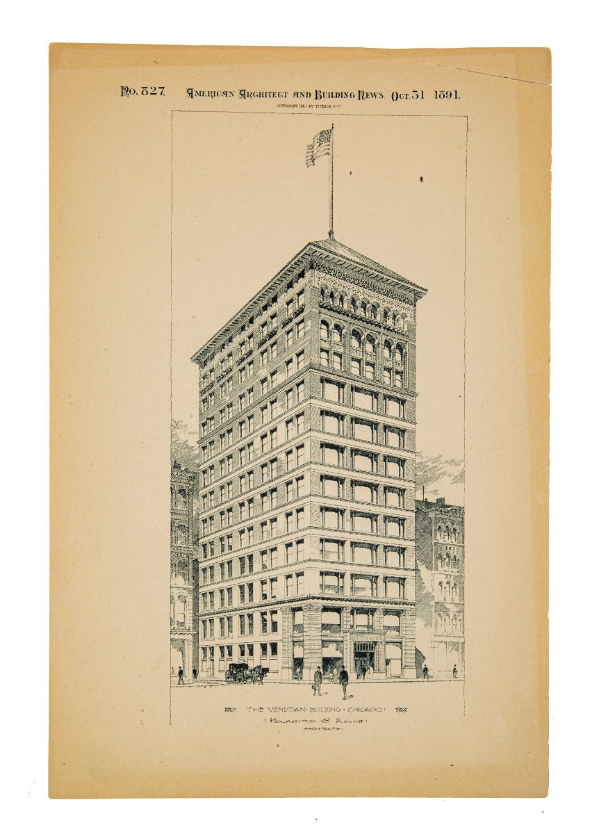 original oversized fold-out 1891 lithographic print of holabird and roche's venetian building