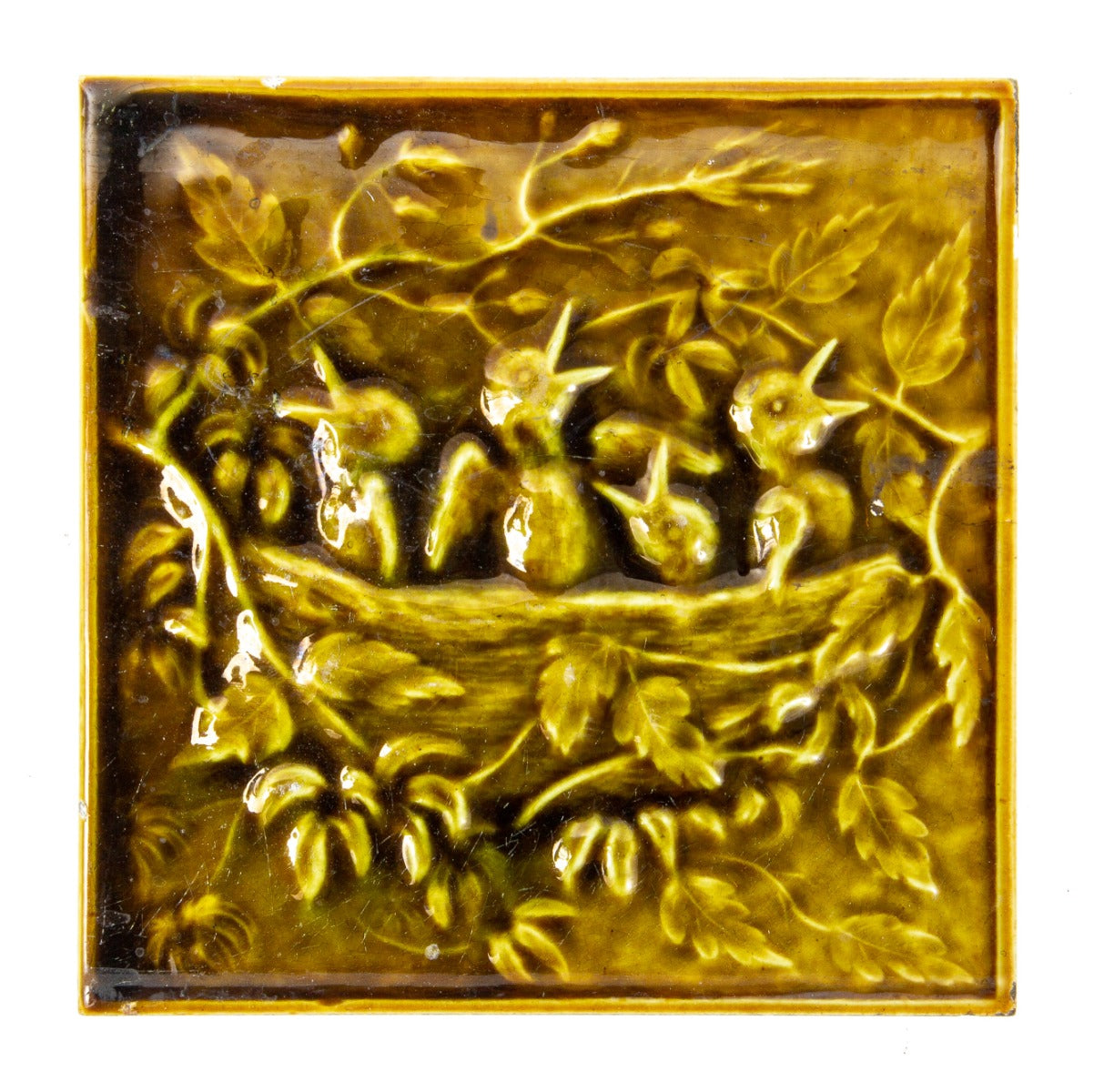 rare 1880s original 6 x 6 baby birds and nest majolica tile designed and fabricated by the international tile of brooklyn, new york.