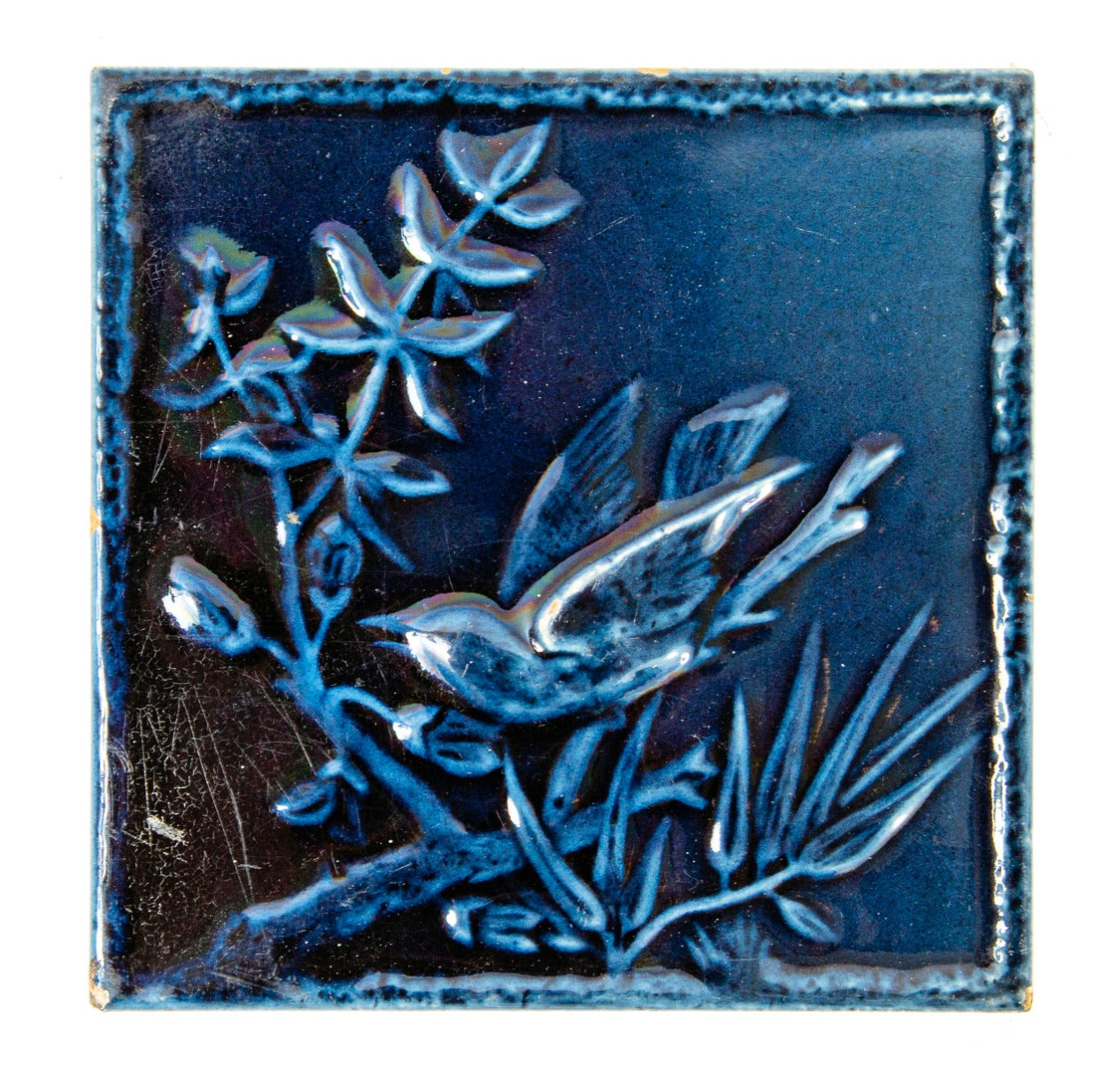 19th century 6 x 6 inch salvaged chicago cobalt-colored majolica glazed american aesthetic winged bird fireplace tile