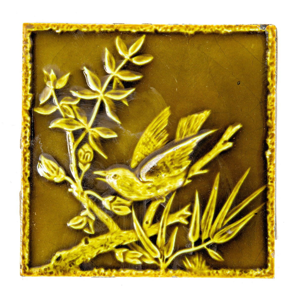 original salvaged chicago 19th century olive green majolica glazed figural bird residential fireplace tile