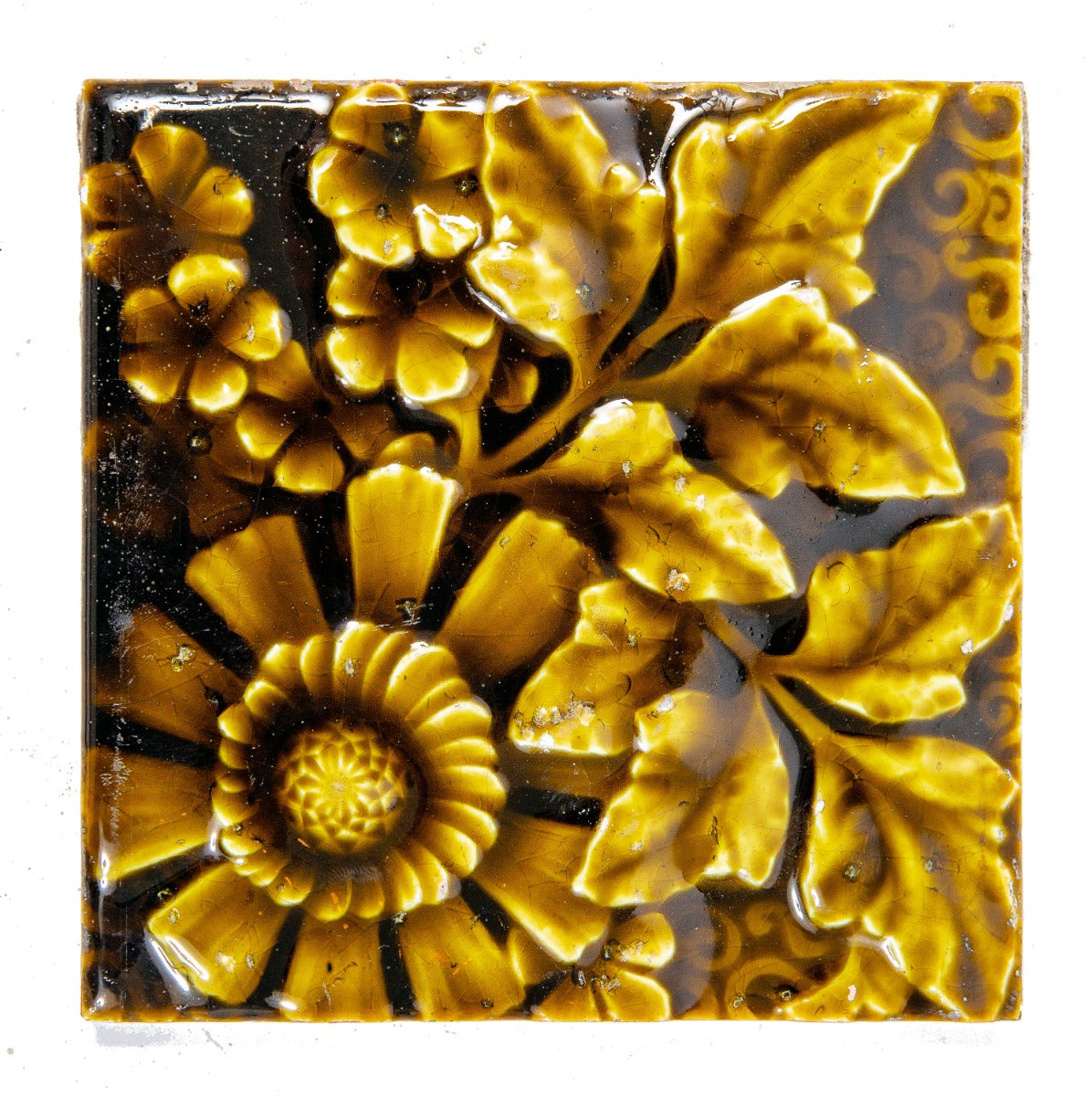 original 1890s salvaged chicago majolica glazed 6 x 6 inch residential fireplace tile