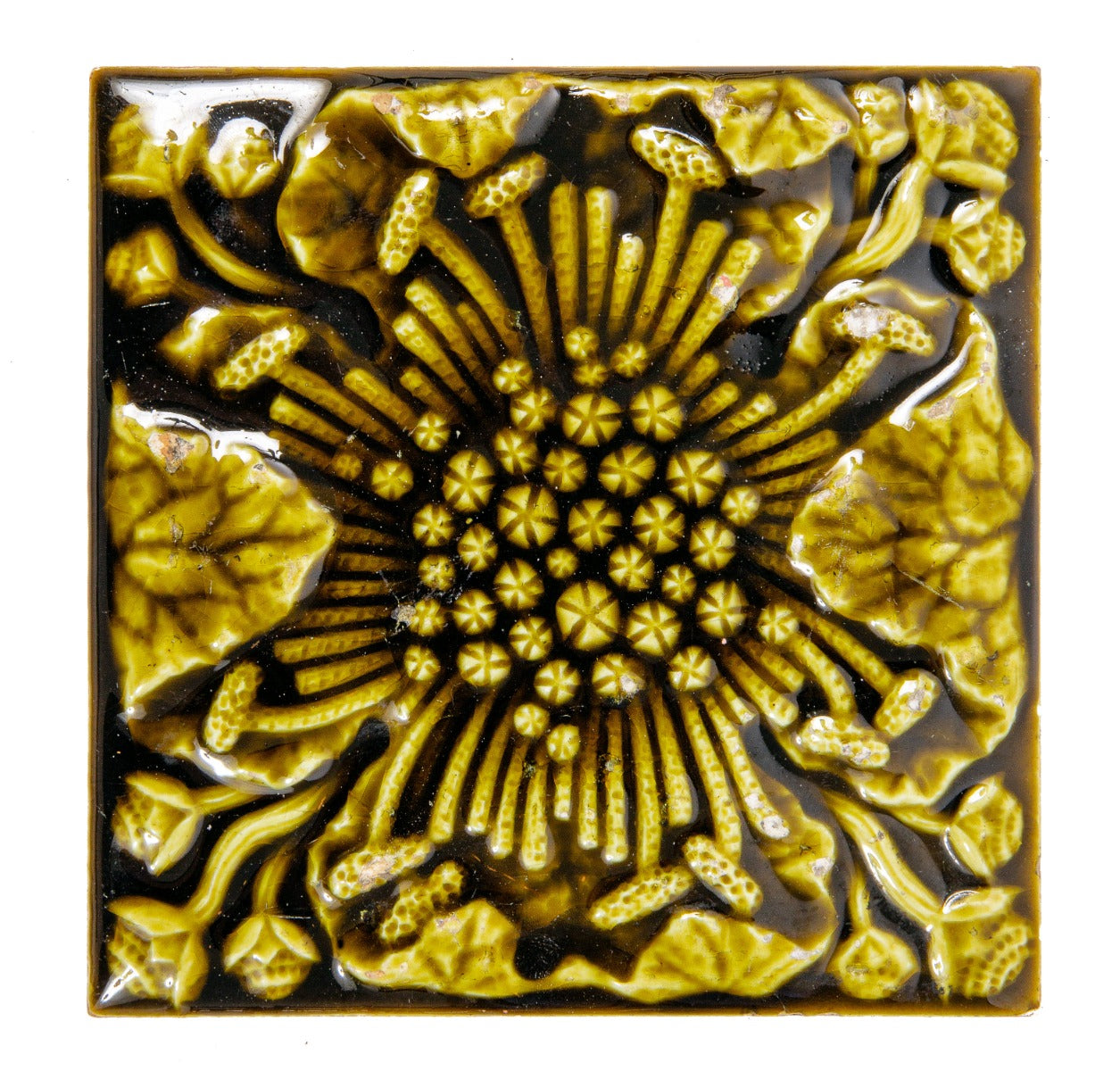 late 19th century richly colored salvaged chicago trent residential fireplace tile with floral motifs